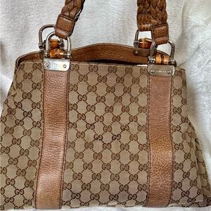 Auth GUCCI Bamboo GG Canvas Tote Bag Beige Brown Leather 232947 Used